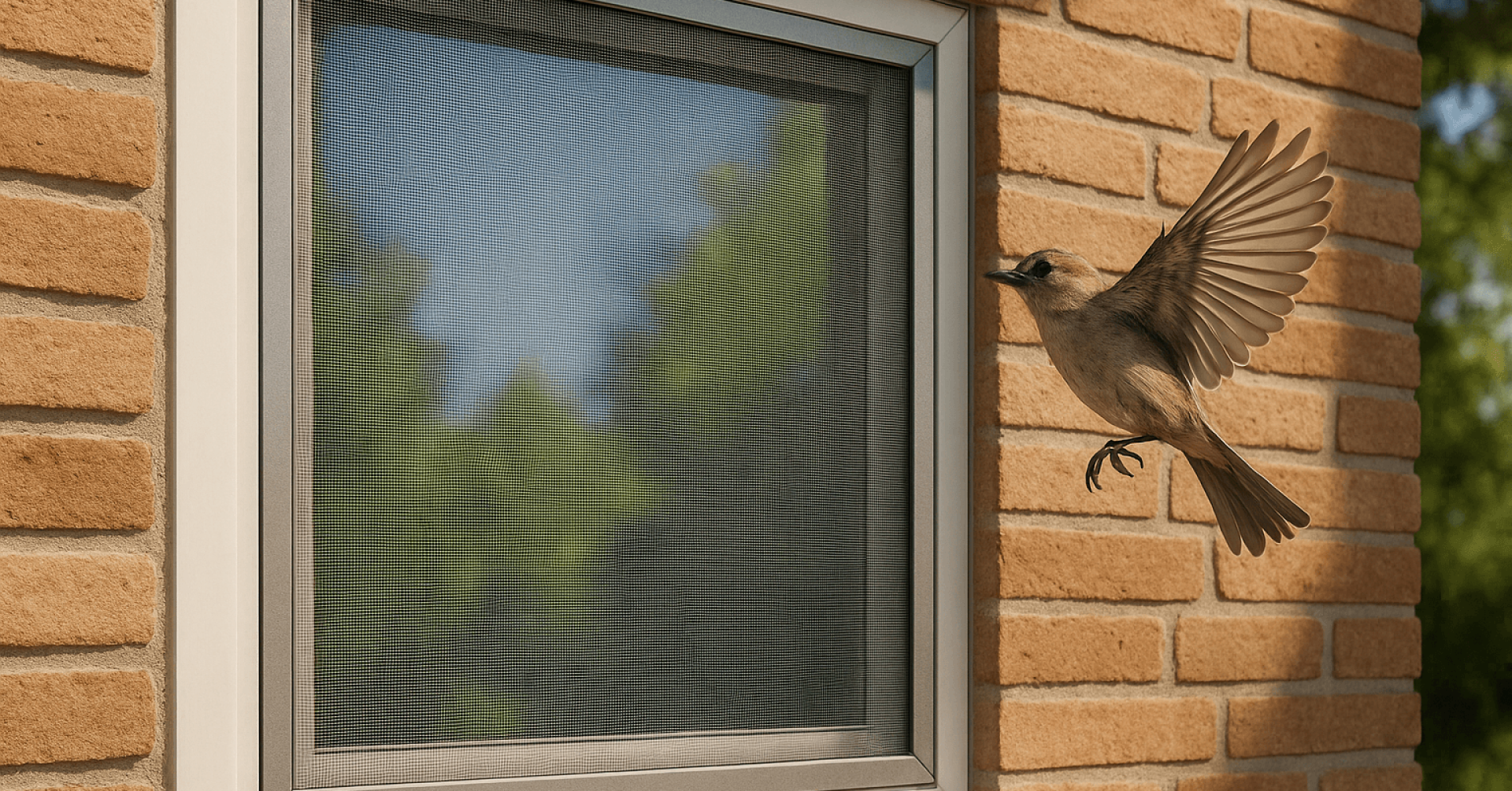 Vogelschutz-Header: Effektiver Schutz für Vögel durch Fenstergitter Vogelschutz am Fenster: Vogel fliegt vor ein geschütztes Fenster mit Insektenschutzgitter