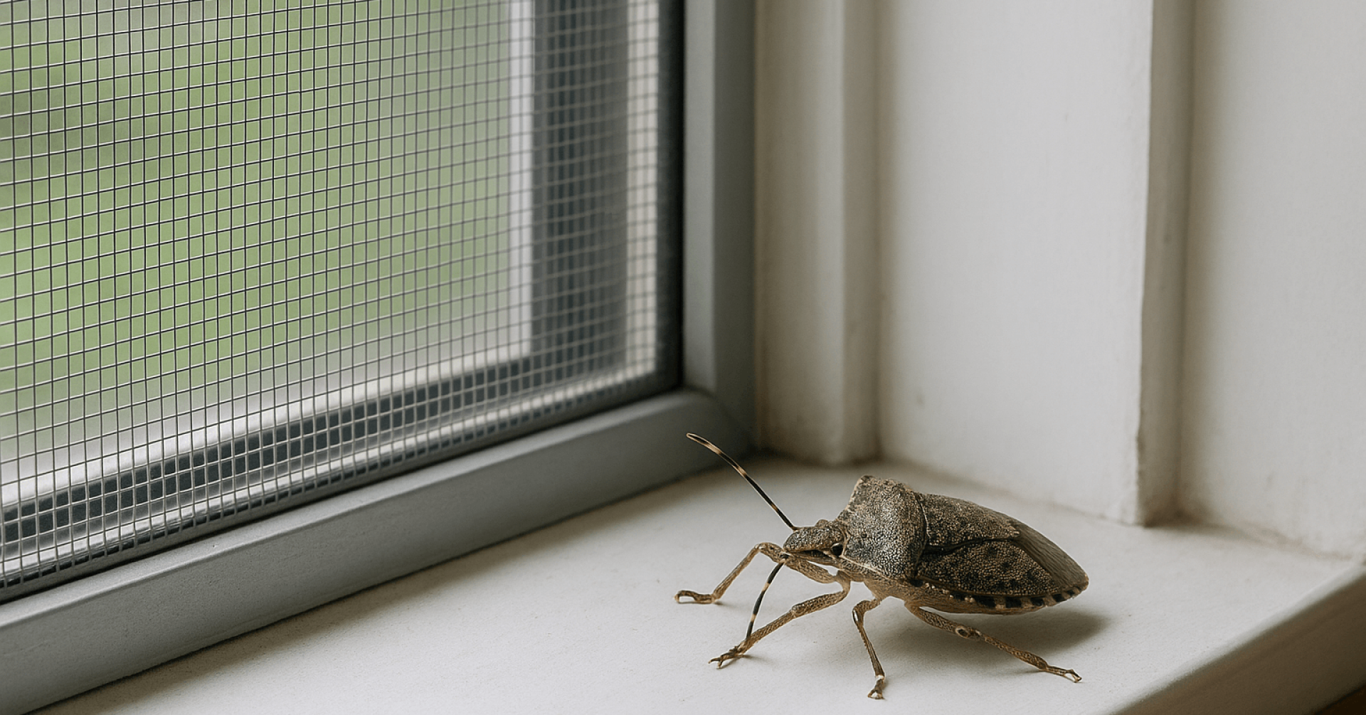 Stinkwanze am Fenster – Tipps zum Schutz vor Stinkwanzen im Haus Stinkwanze am Fensterbrett vor einem Fliegengitter