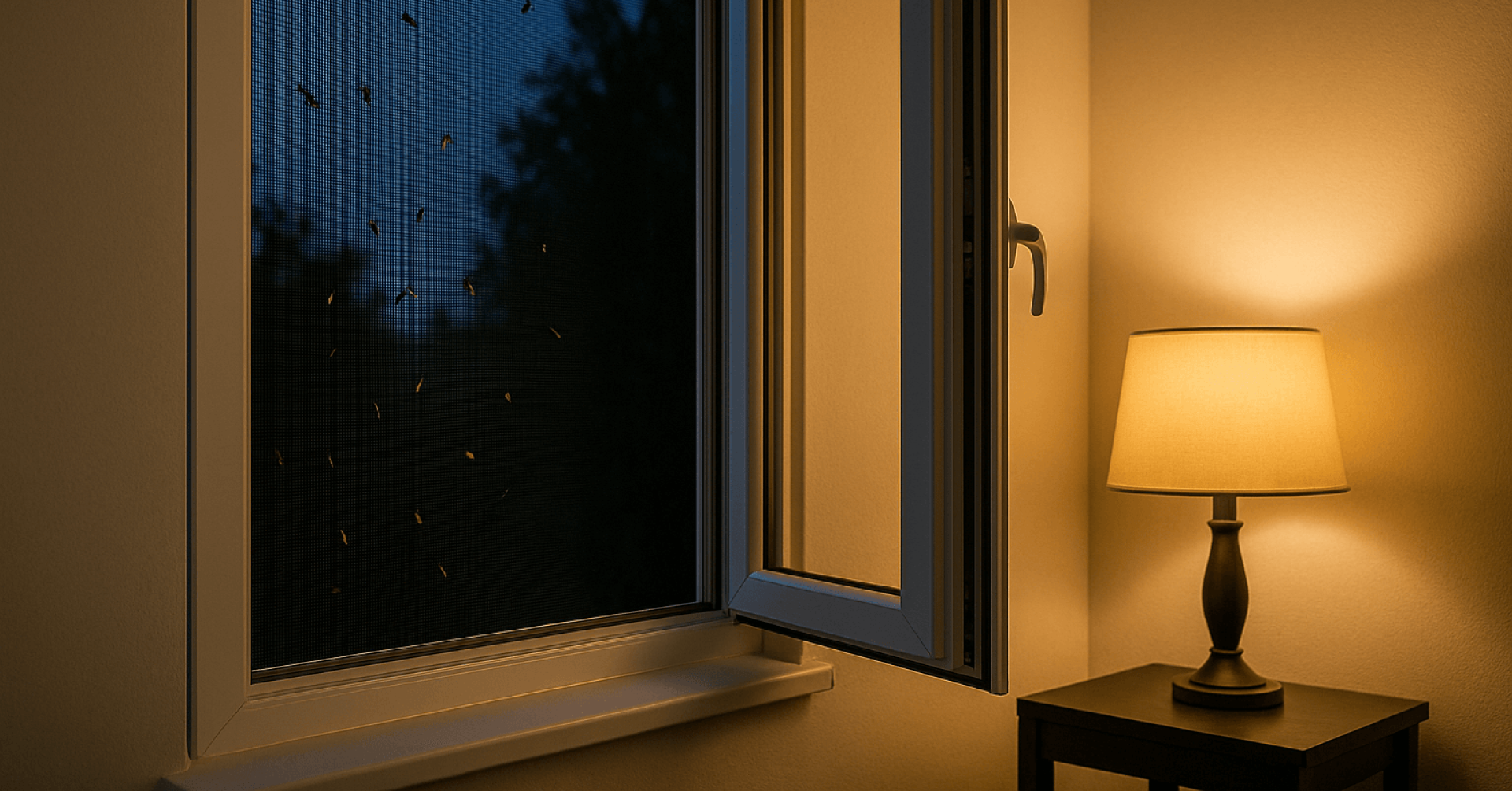 Offenes Fenster am Abend mit eingeschalteter Lampe und Insekten am Fliegengitter – Licht zieht Insekten an