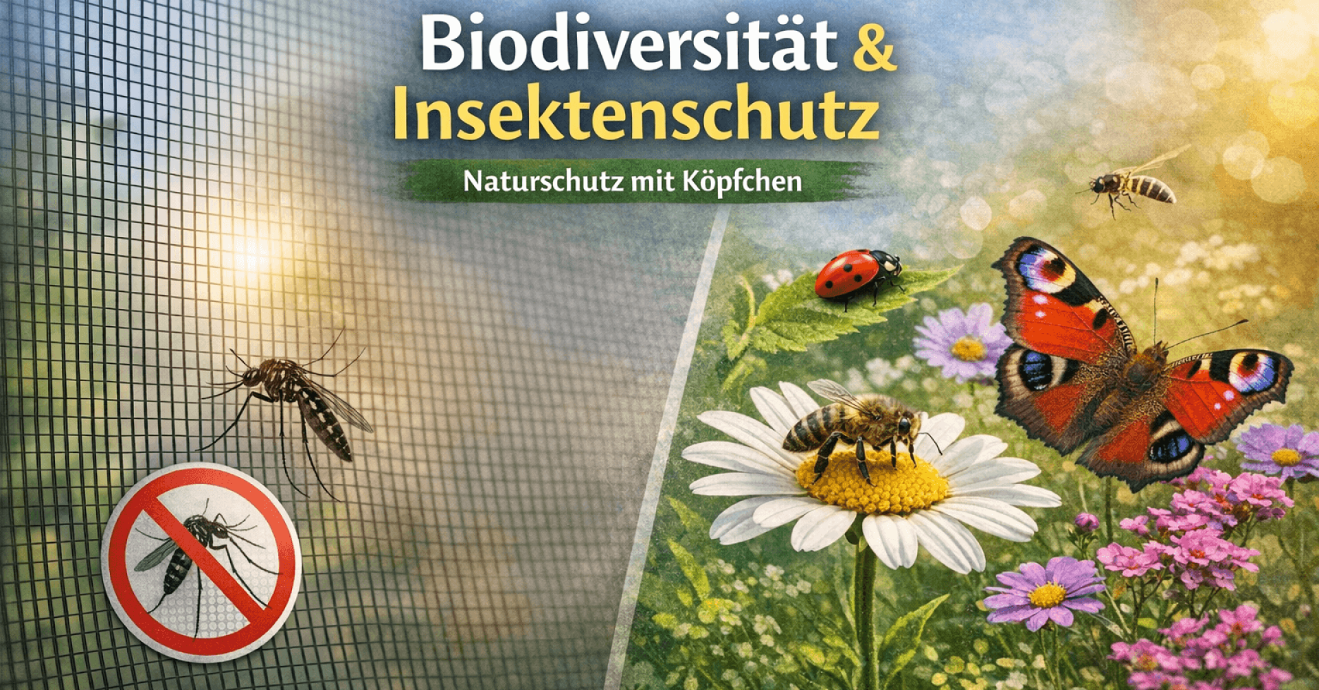 Biodiversität und Insektenschutz Beitragsbild mit Biene, Marienkäfer, Schmetterling und Mücke, Naturschutz mit Köpfchen
